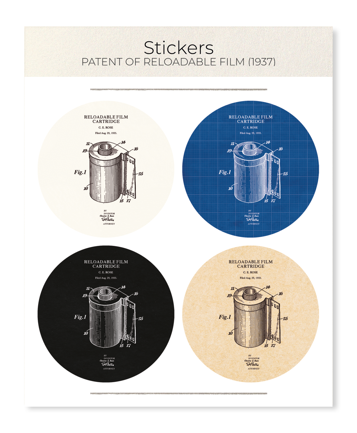 Ezen Designs - Patent of reloadable film (1937) - Sticker Set
