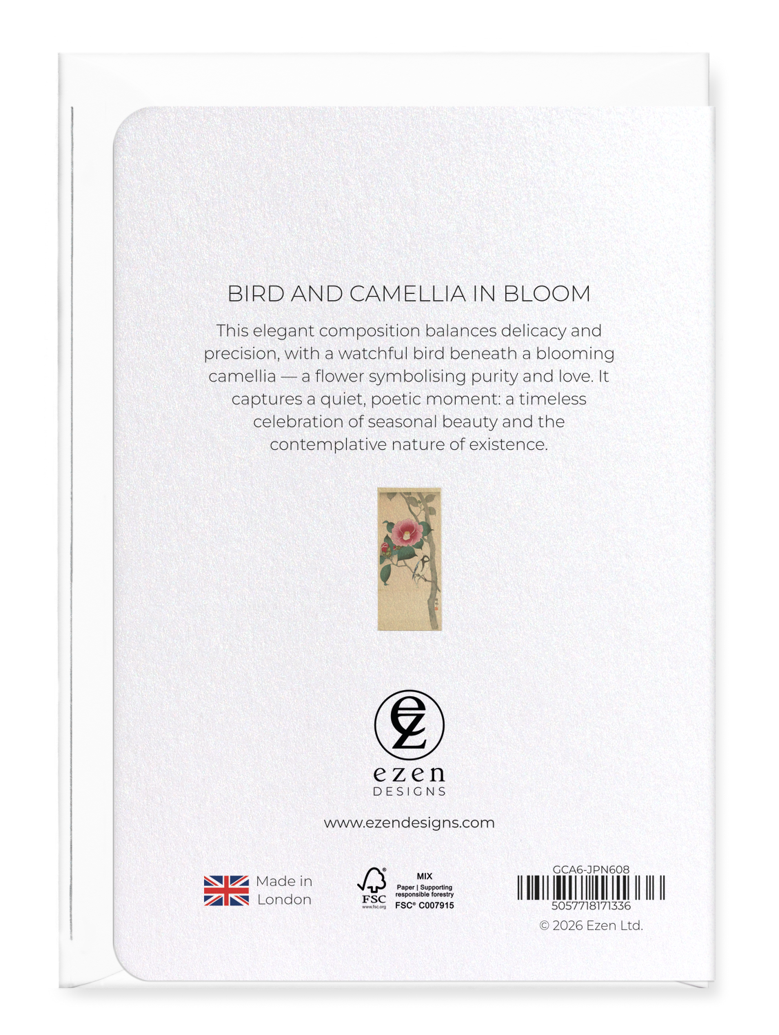 Ezen - Bird and Camellia in Bloom - Greeting Card - Back