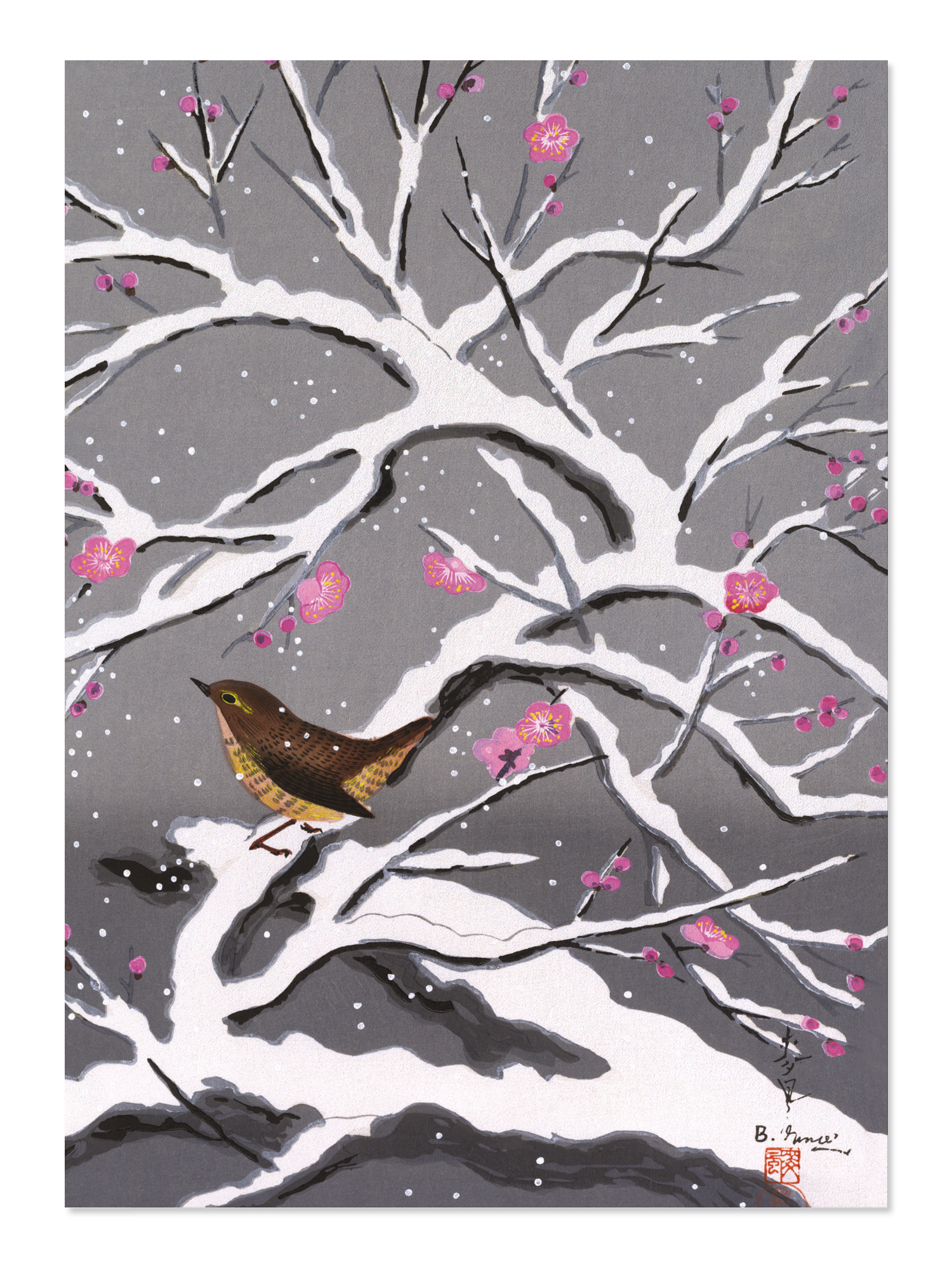 Ezen - Bird on Snowy plum blossoms - Postcard - Front