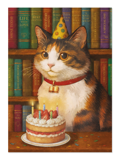 Ezen - Birthday Cat and Books - Postcard - Front
