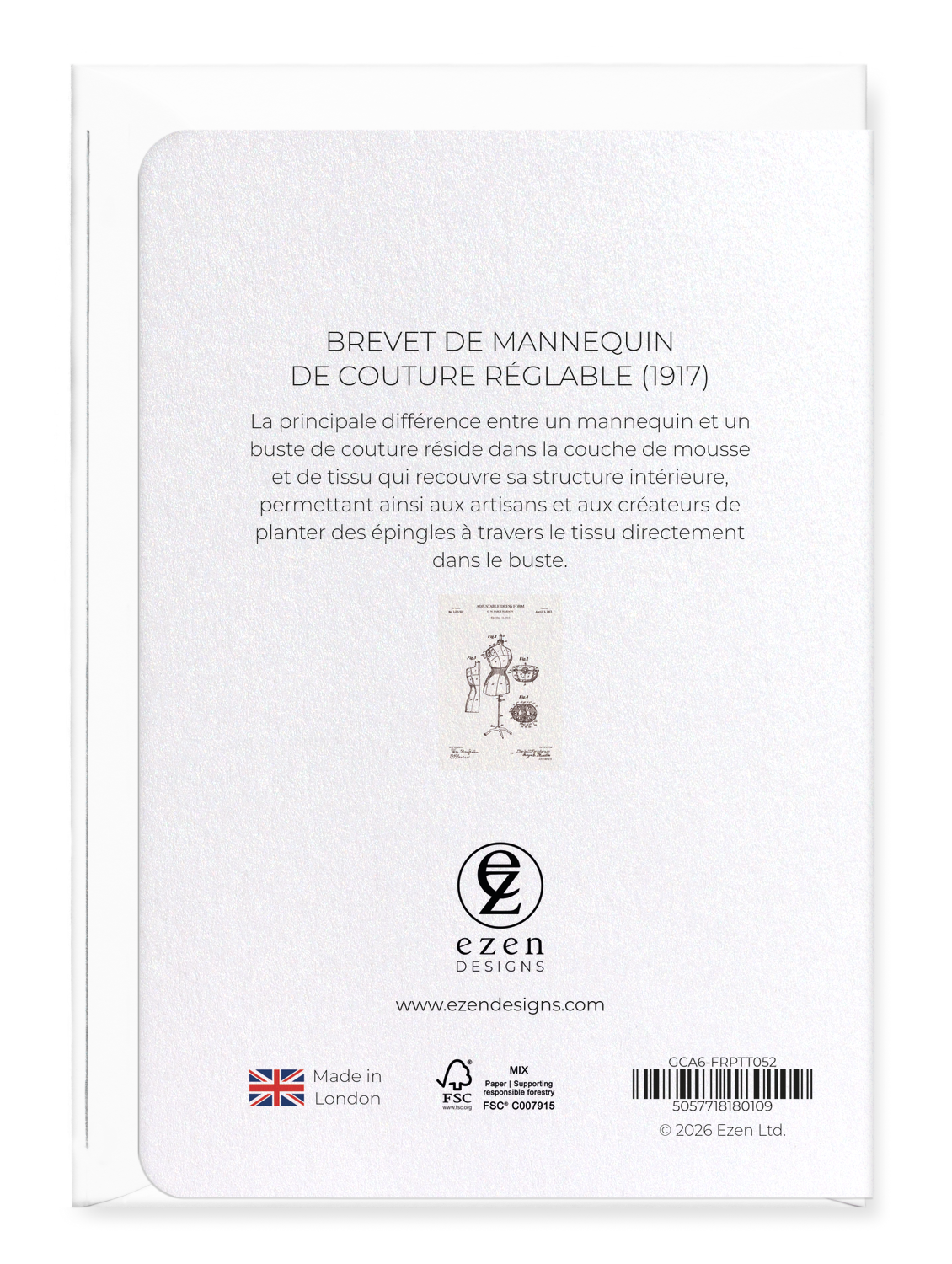 Ezen - BREVET DE MANNEQUIN DE COUTURE RÉGLABLE (1917) - Greeting Card - Back