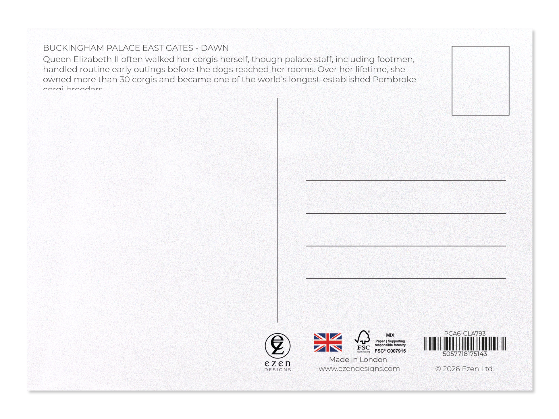 Ezen - Buckingham Palace East Gates - Dawn - Postcard - Back