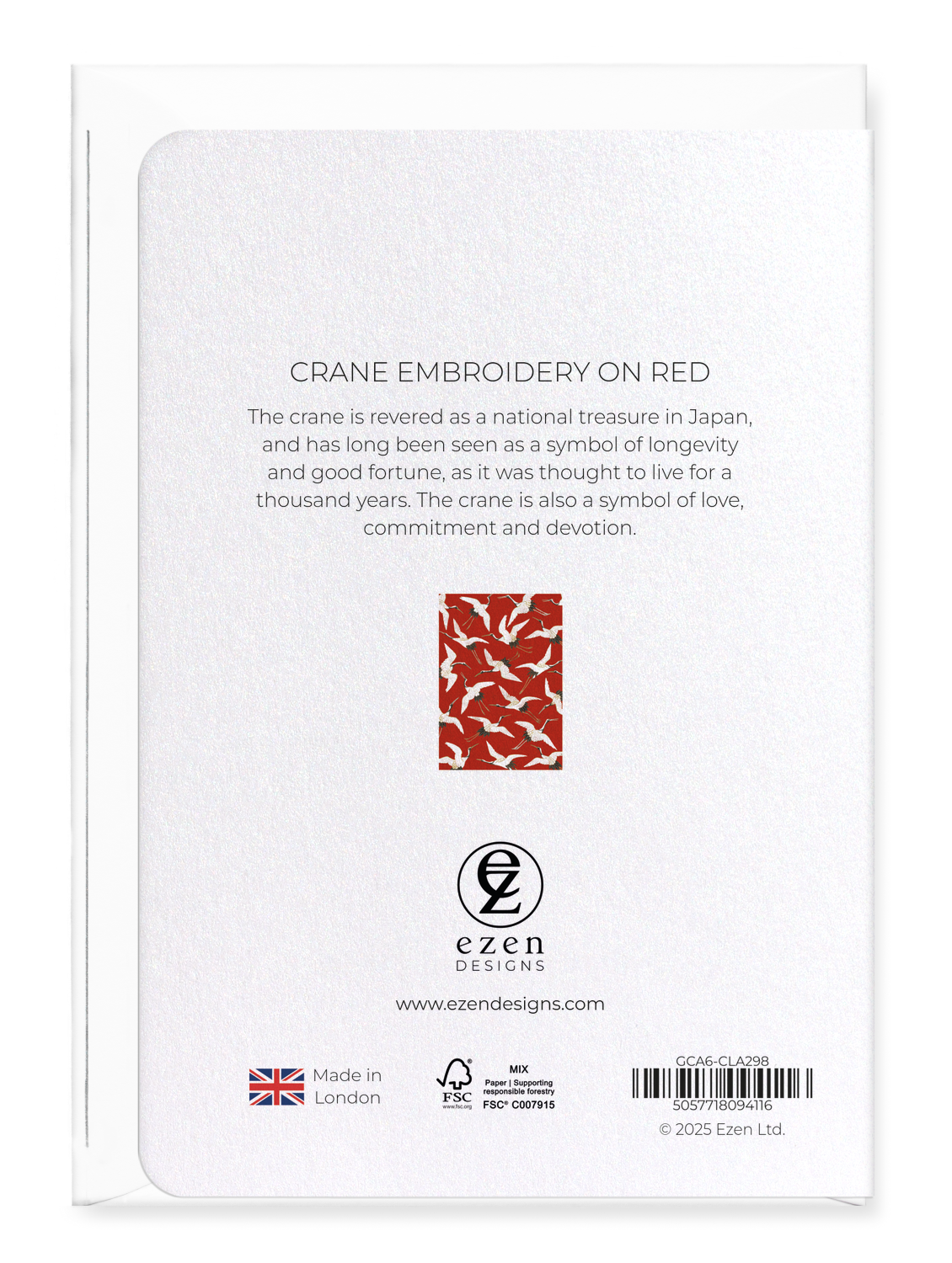 Ezen - Crane embroidery on red - Greeting Card - Back