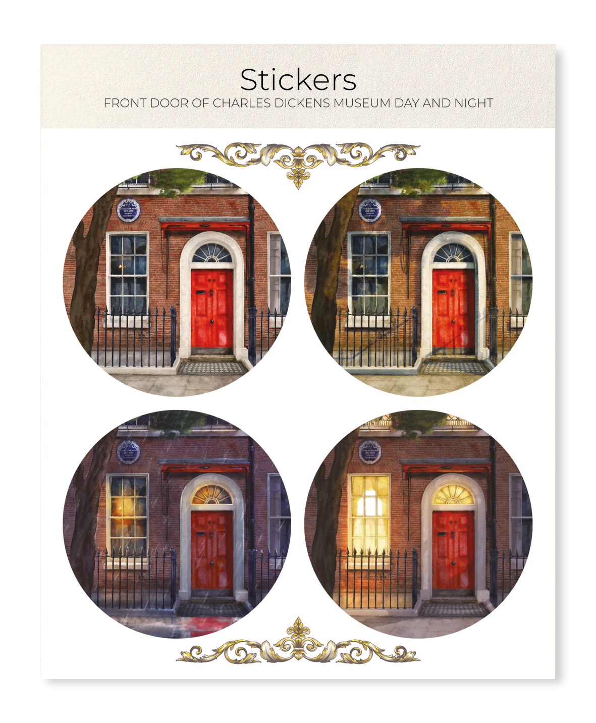 Ezen - Front Door of Charles Dickens Museum Day and Night - Sticker Set