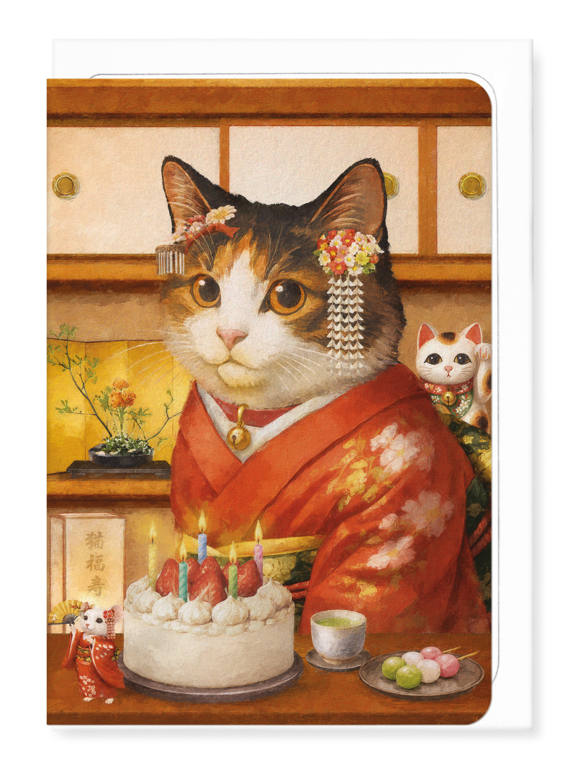 Ezen - Geisha Birthday Classic Cat - Greeting Card - Front