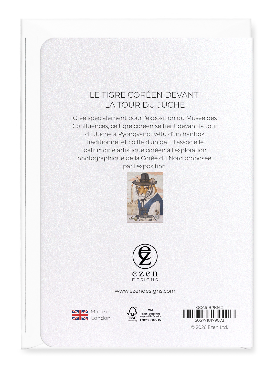 Ezen - Le tigre coréen devant la tour du Juche - Greeting Card - Back