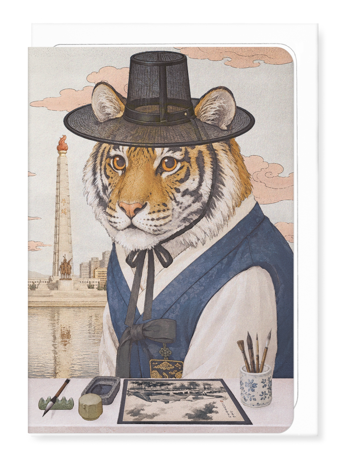 Ezen - Le tigre coréen devant la tour du Juche - Greeting Card - Front