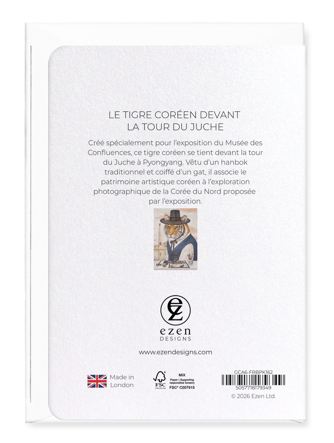 Ezen - Le tigre coréen devant la tour du Juche - Greeting Card - Back
