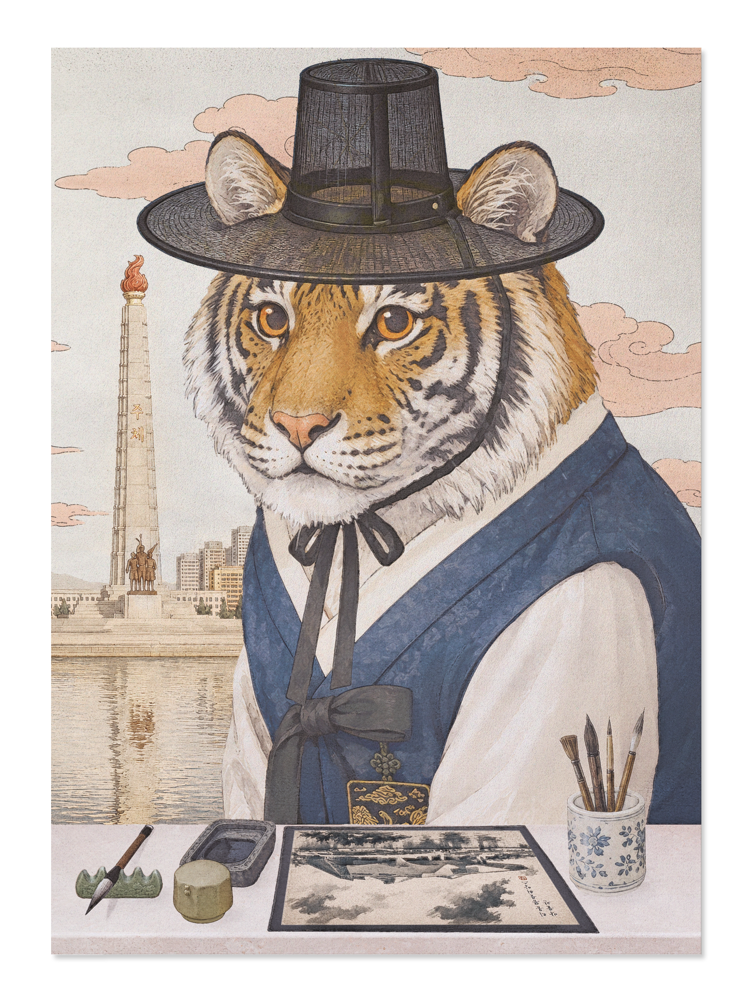 Ezen - Le tigre coréen devant la tour du Juche - Postcard - Front