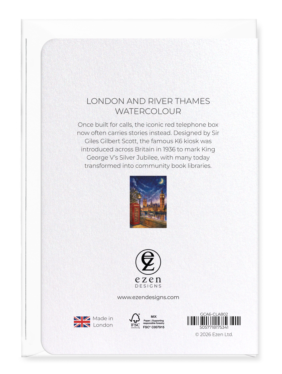 Ezen - London and River Thames Watercolour - Greeting Card - Back