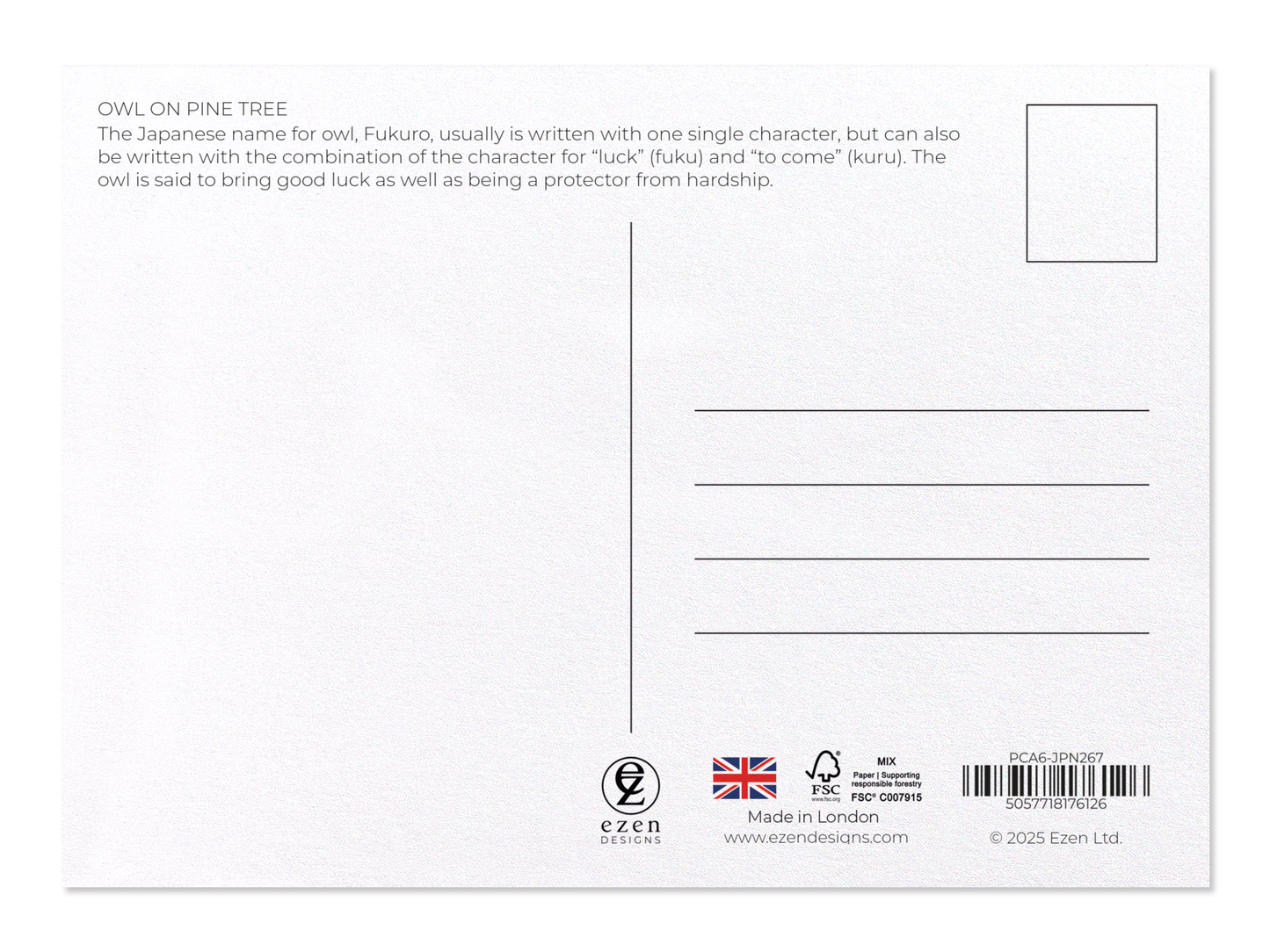 Ezen - Owl on pine tree - Postcard - Back
