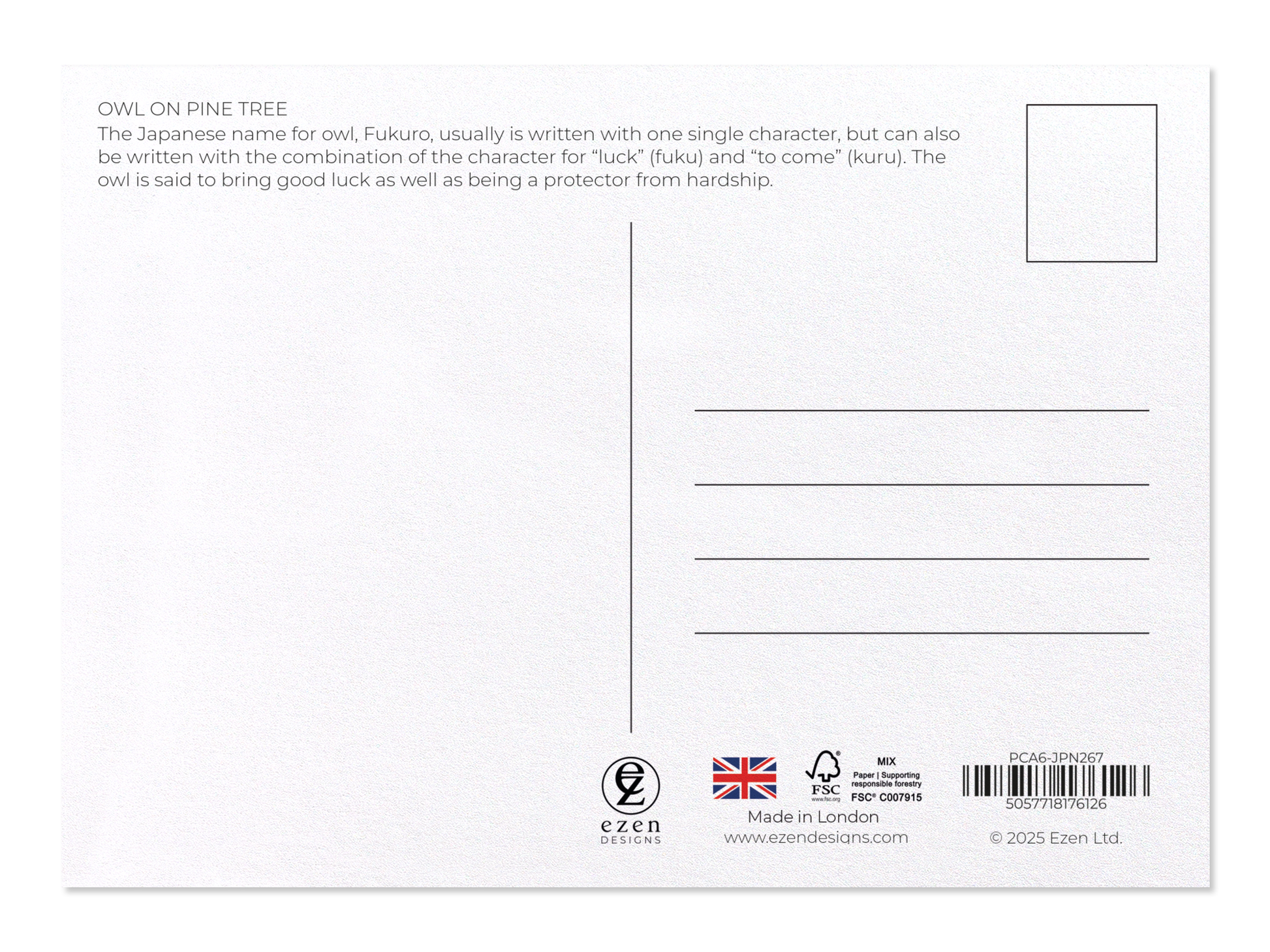 Ezen - Owl on pine tree - Postcard - Back
