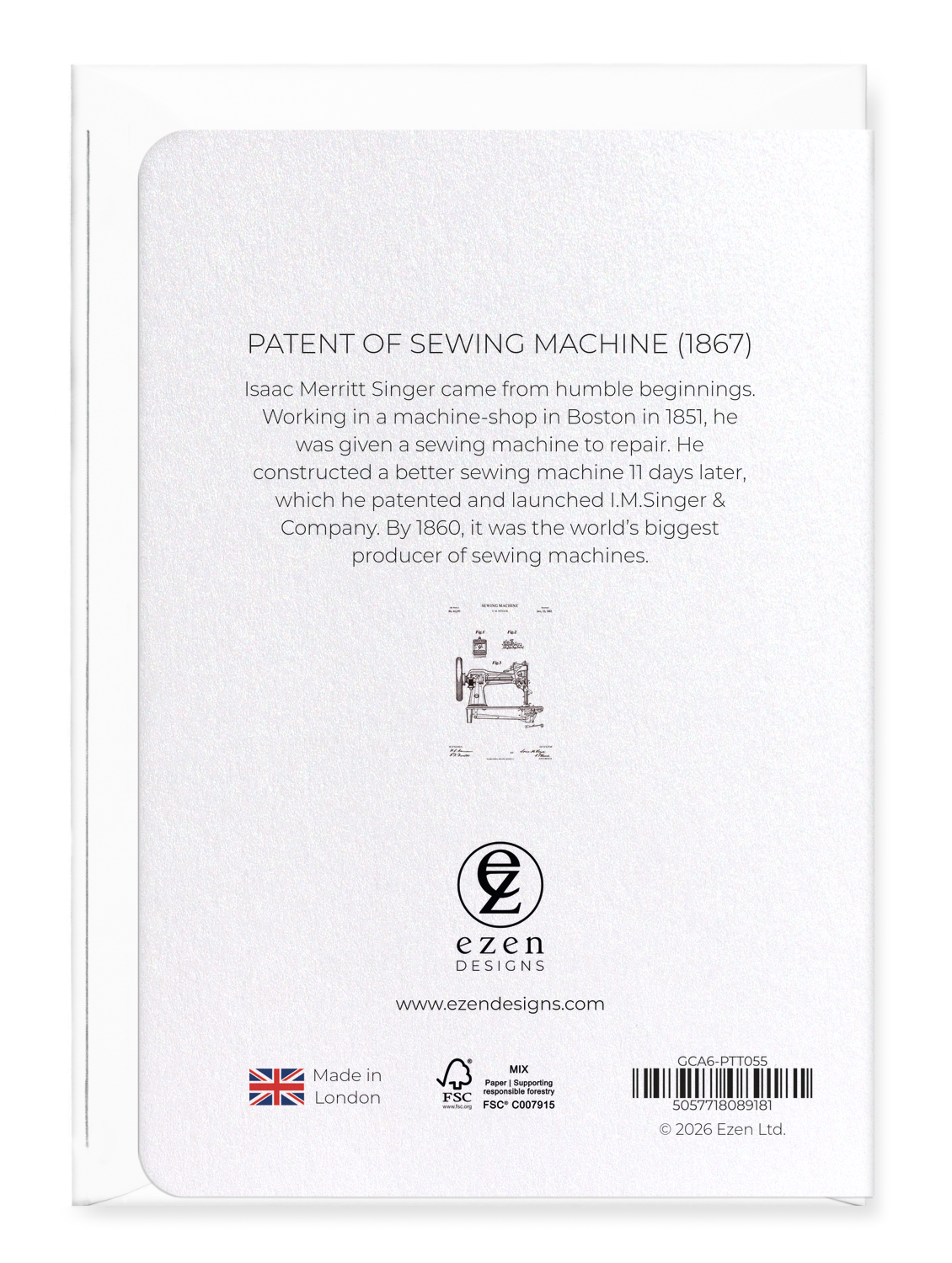 Ezen - Patent of sewing machine (1867) - Greeting Card - Back