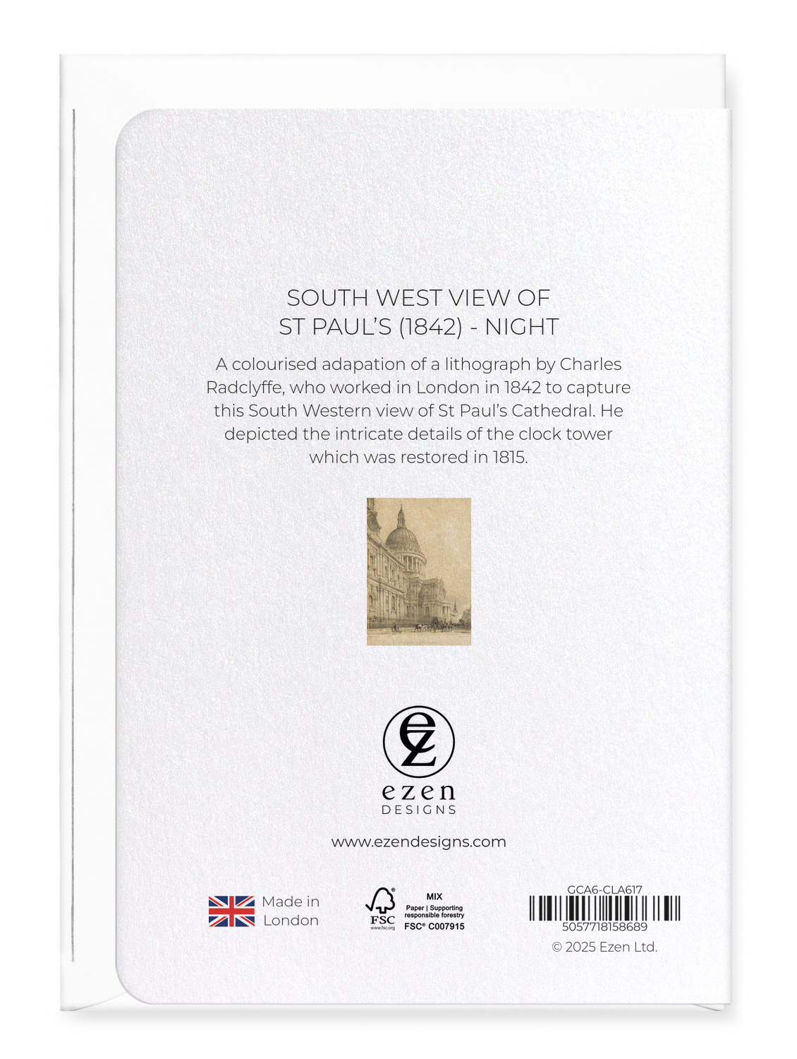 Ezen - South West View of St Paul’s (1842) - Night - Greeting Card - Back