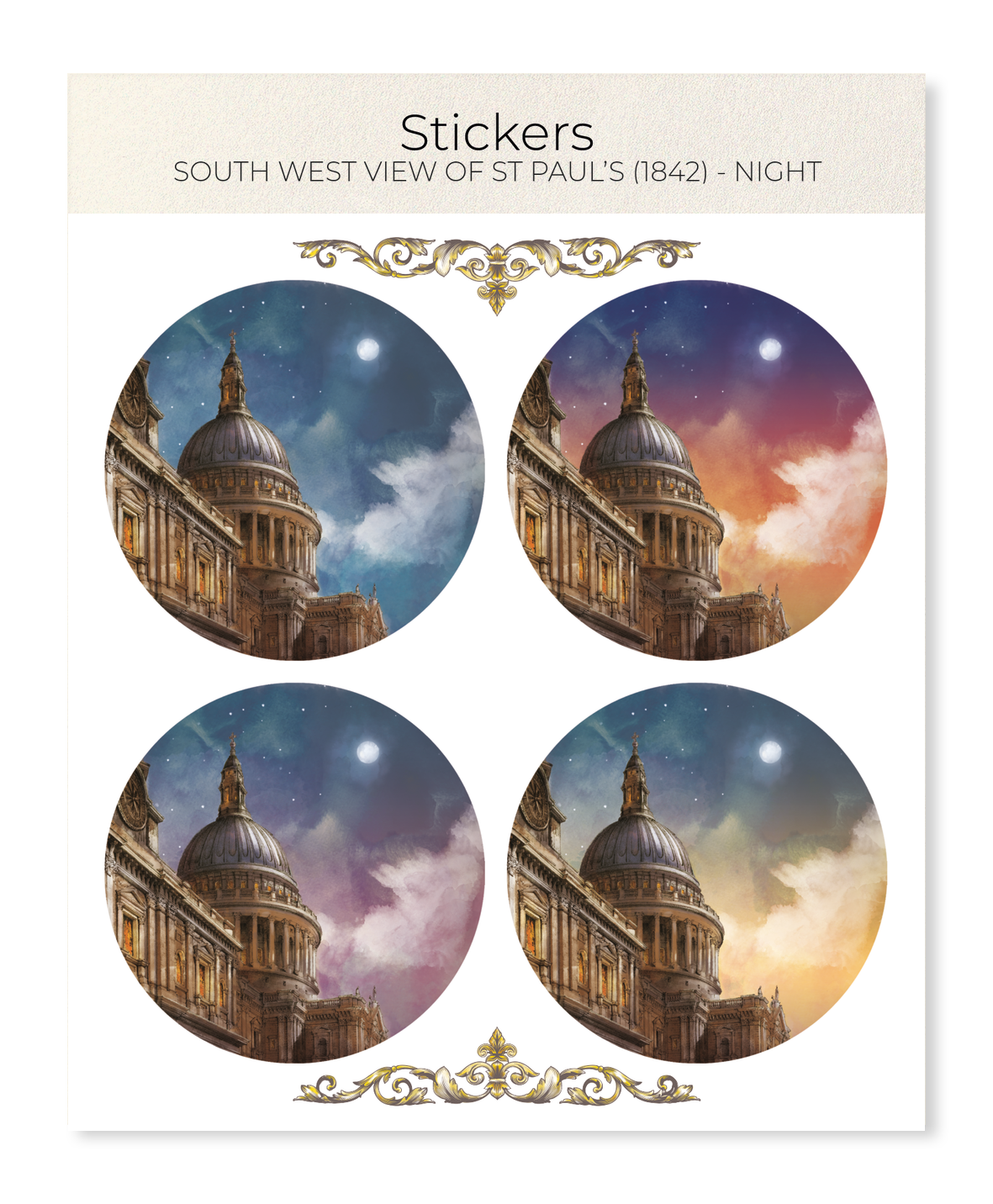 Ezen - South West View of St Paul’s (1842) - Night - Sticker Set