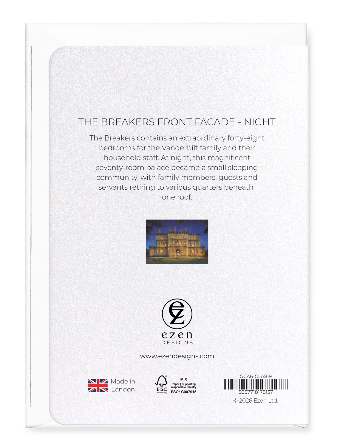 Ezen - The Breakers Front Facade - Night - Greeting Card - Back