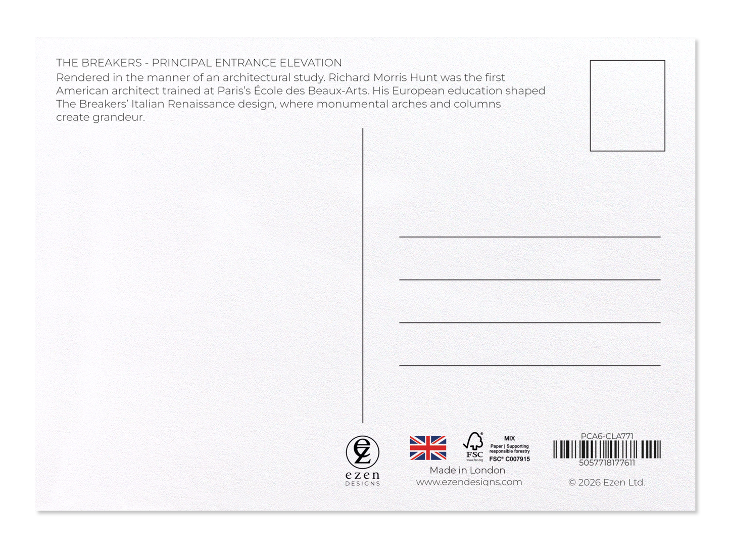 Ezen - The Breakers - Principal Entrance Elevation - Postcard - Back