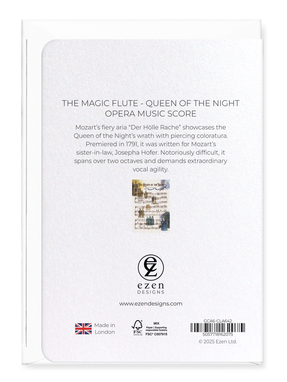Ezen - THE MAGIC FLUTE - QUEEN OF THE NIGHT - OPERA MUSIC SCORE - Greeting Card - Back