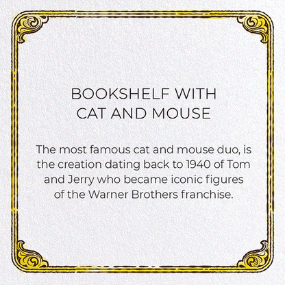 BOOKSHELF WITH CAT AND MOUSE: Victorian Greeting Card