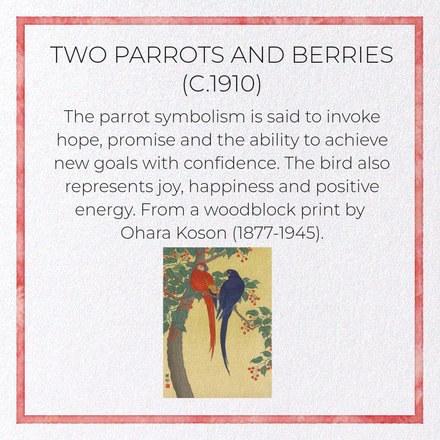 TWO PARROTS AND BERRIES (C.1910): Japanese Greeting Card
