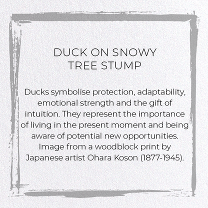 DUCK ON SNOWY TREE STUMP: Japanese Greeting Card