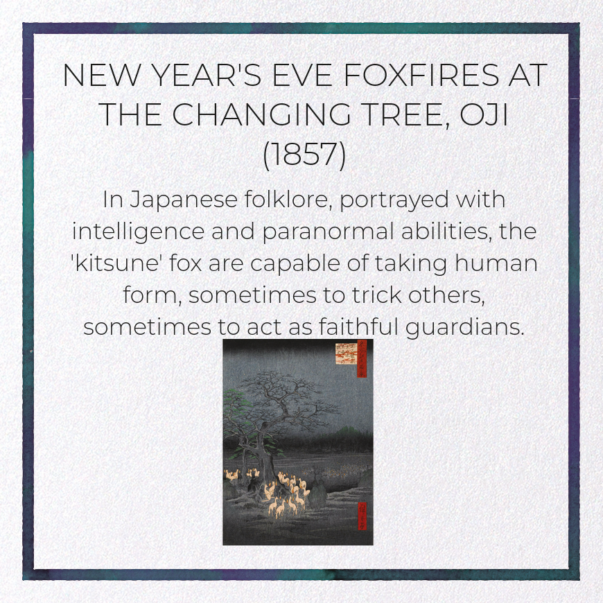 NEW YEAR'S EVE FOXFIRES AT THE CHANGING TREE, OJI (1857): Japanese Greeting Card