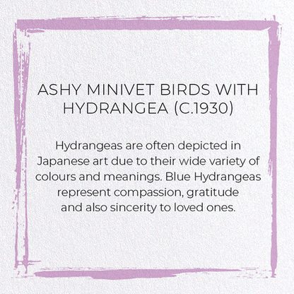 ASHY MINIVET BIRDS WITH HYDRANGEA (C.1930): Japanese Greeting Card