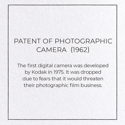 PATENT OF PHOTOGRAPHIC CAMERA  (1962): Patent Greeting Card