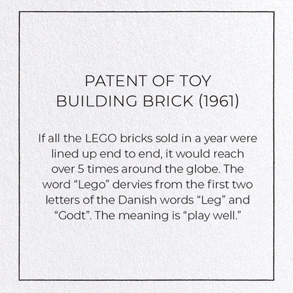 PATENT OF TOY BUILDING BRICK (1961): Patent Greeting Card