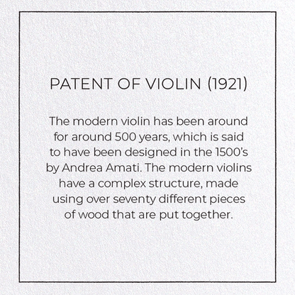 PATENT OF VIOLIN (1921): Patent Greeting Card