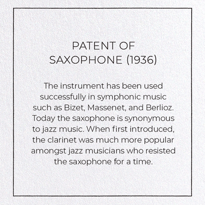 PATENT OF SAXOPHONE (1936): Patent Greeting Card