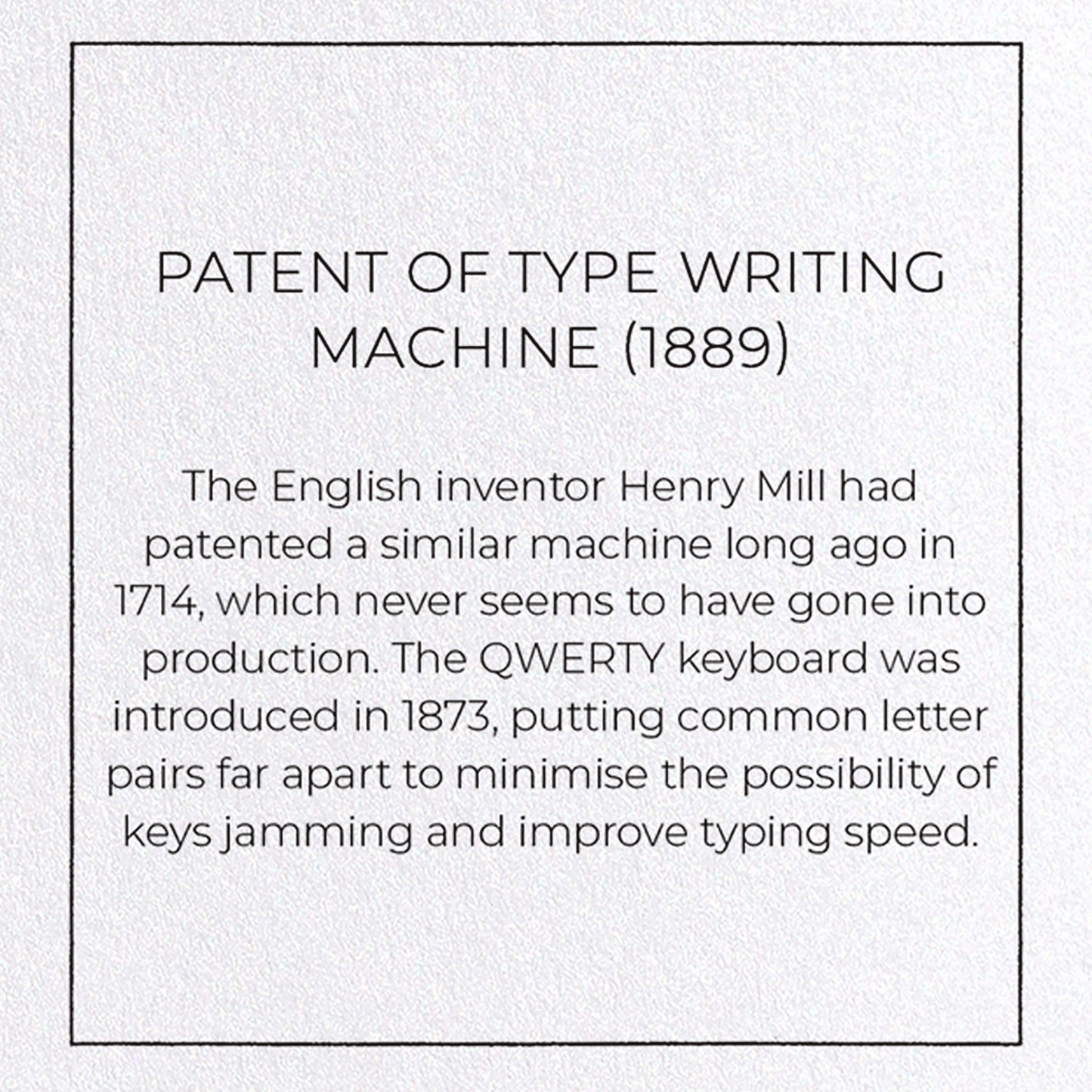 PATENT OF TYPE WRITING MACHINE (1889): Patent Greeting Card