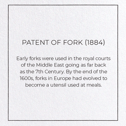 PATENT OF FORK (1884): Patent Greeting Card