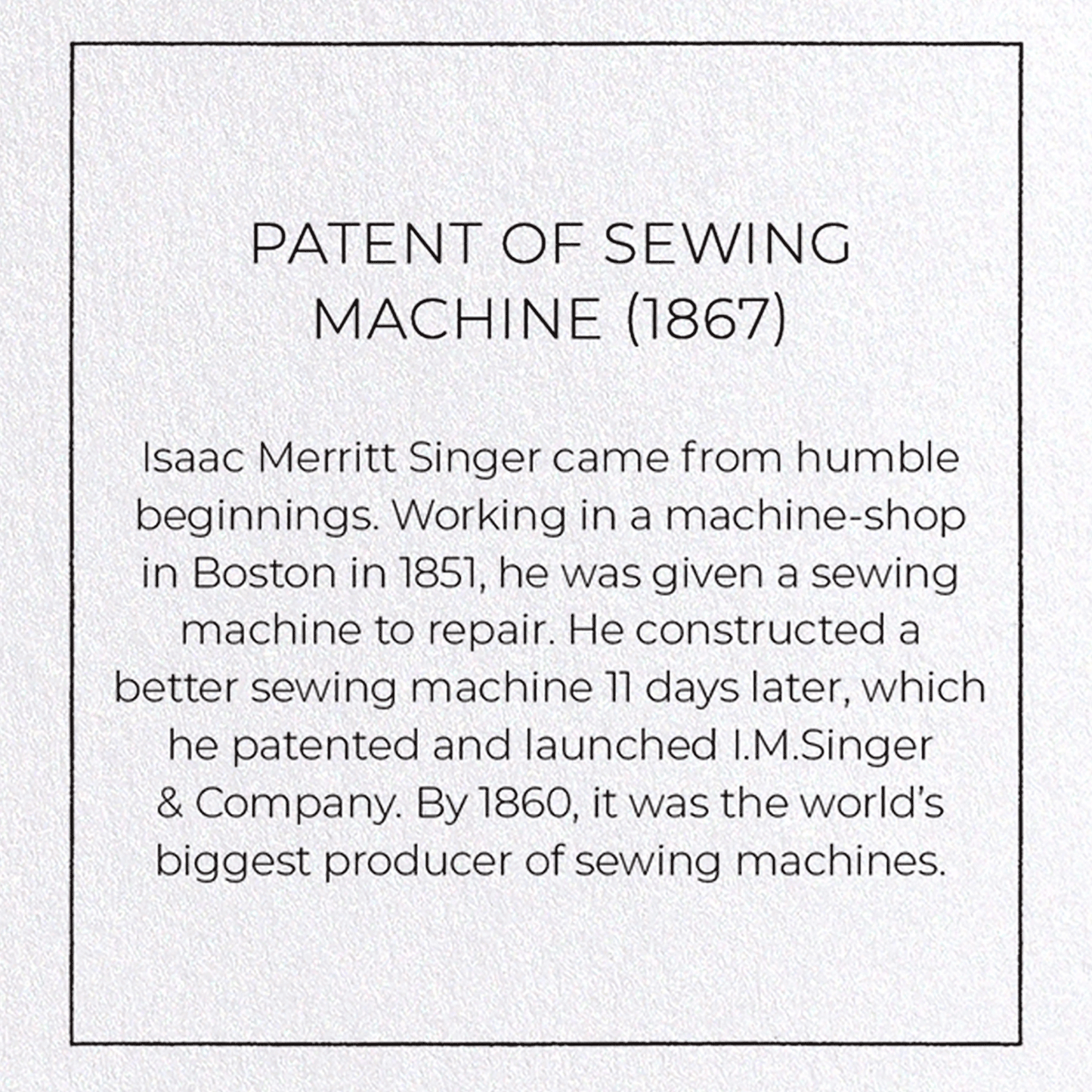 PATENT OF SEWING MACHINE (1867): Patent Greeting Card