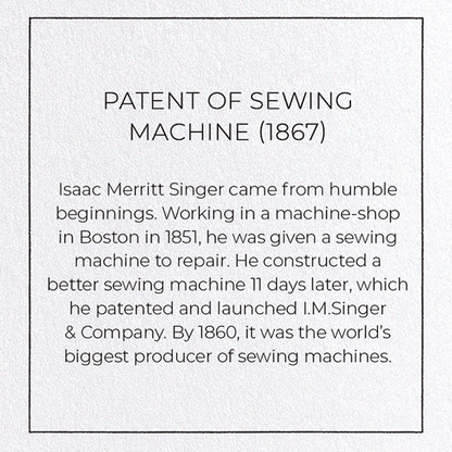 PATENT OF SEWING MACHINE (1867): Patent Greeting Card