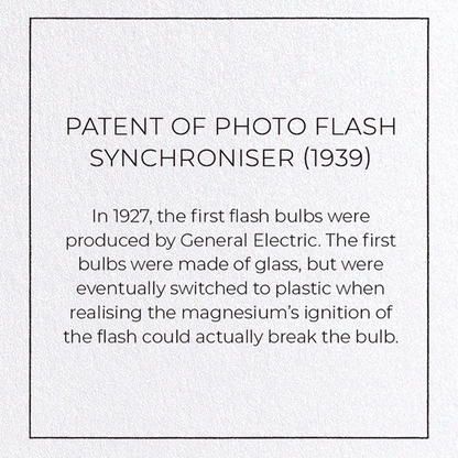 PATENT OF PHOTO FLASH SYNCHRONISER (1939): Patent Greeting Card
