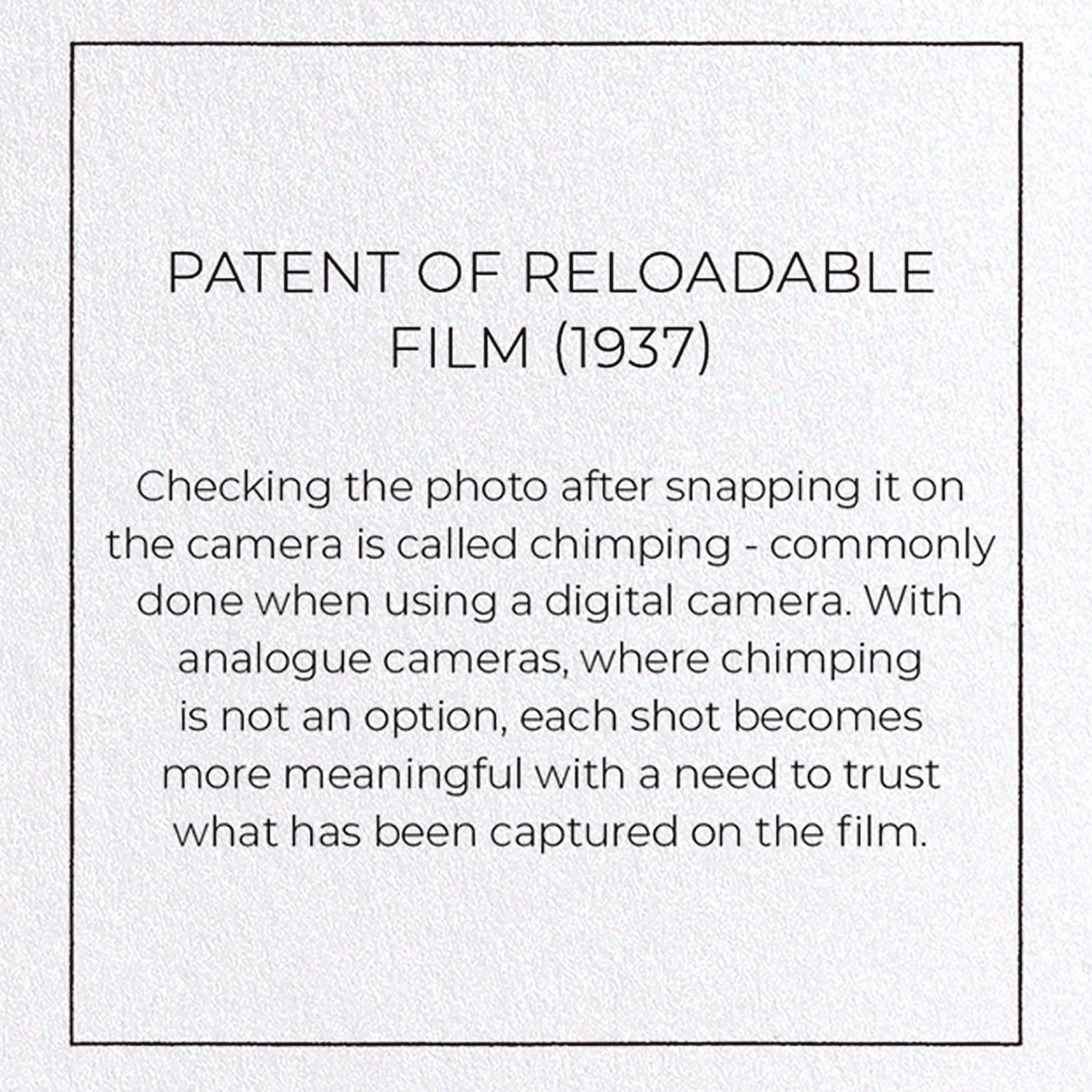 PATENT OF RELOADABLE FILM (1937): Patent Greeting Card