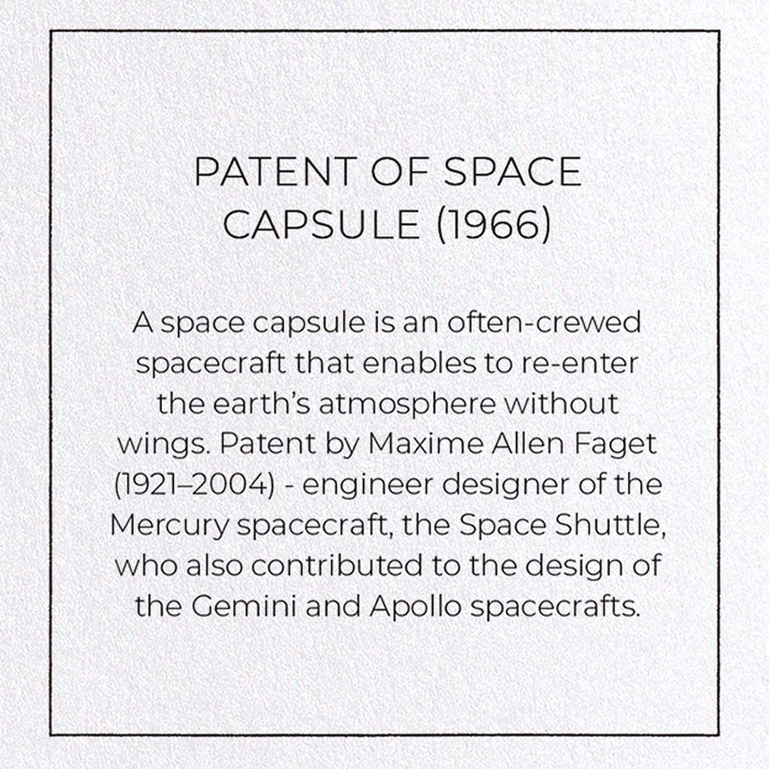 PATENT OF SPACE CAPSULE (1966): Patent Greeting Card