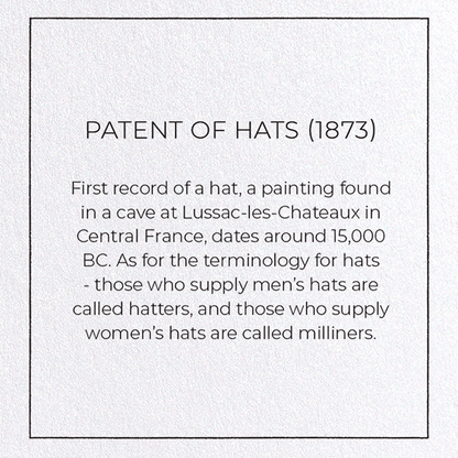 PATENT OF HATS (1873): Patent Greeting Card