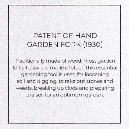 PATENT OF HAND GARDEN FORK (1930): Patent Greeting Card