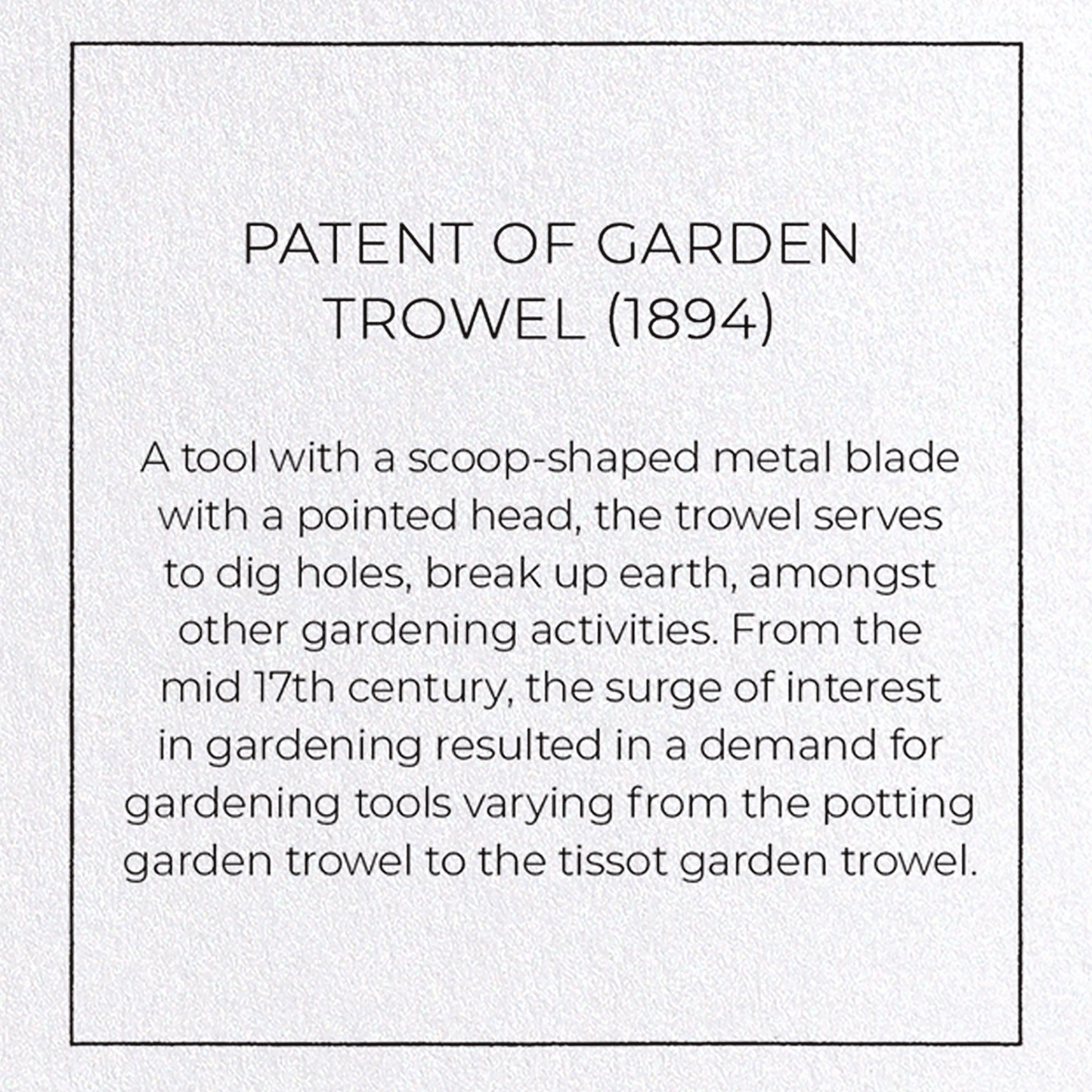 PATENT OF GARDEN TROWEL (1894): Patent Greeting Card