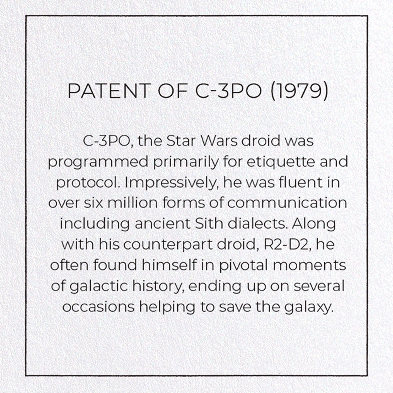 PATENT OF C-3PO (1979): Patent Greeting Card