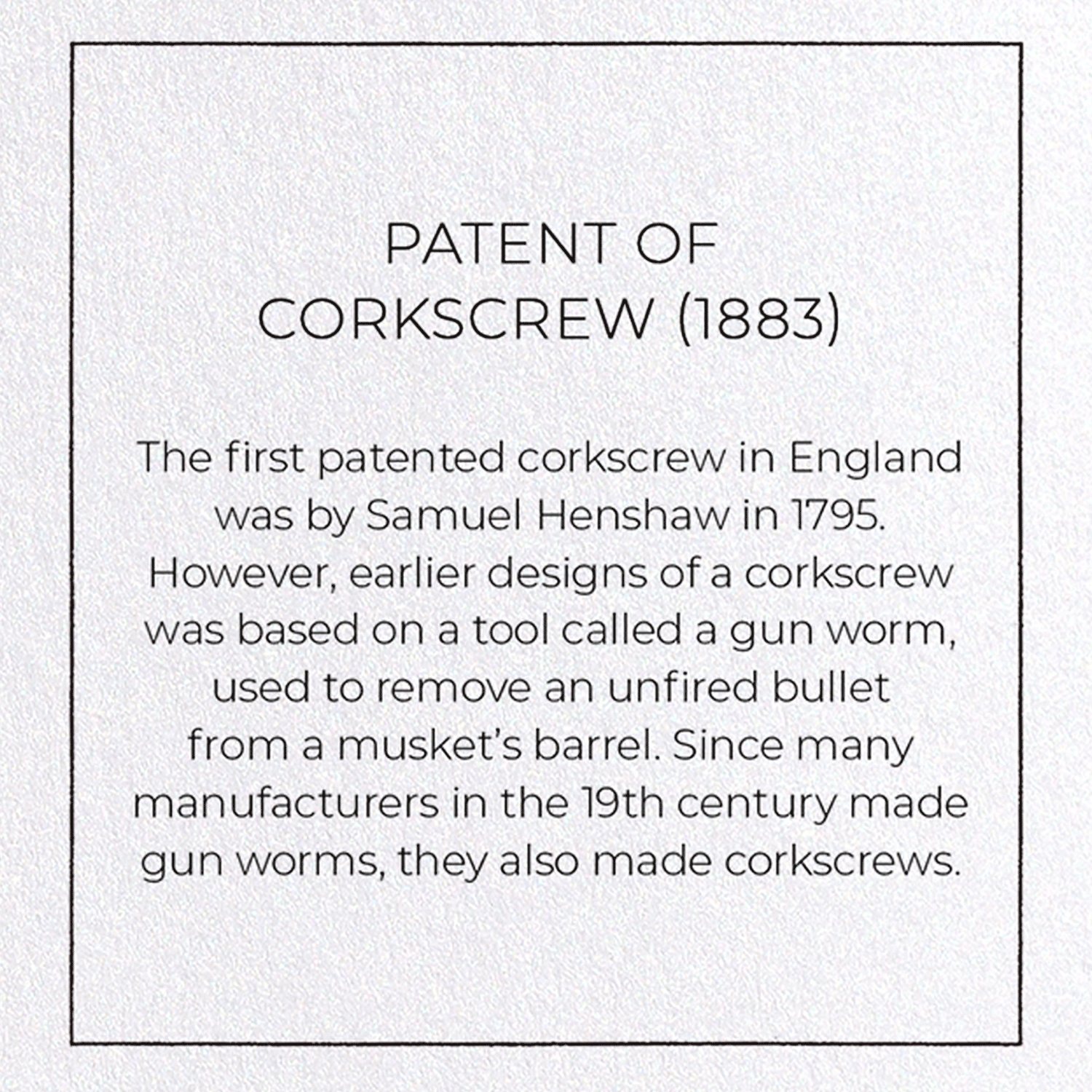 PATENT OF CORKSCREW (1883): Patent Greeting Card