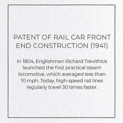 PATENT OF RAIL CAR FRONT END CONSTRUCTION (1941): Patent Greeting Card