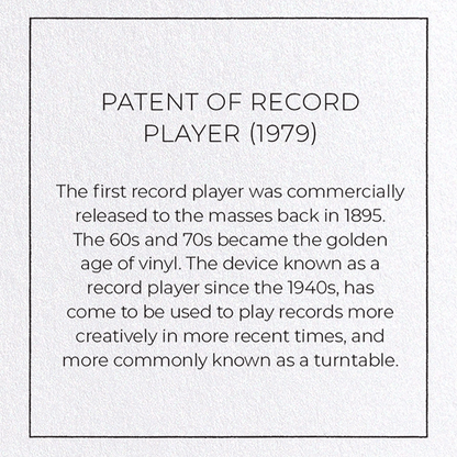 PATENT OF RECORD PLAYER (1979): Patent Greeting Card