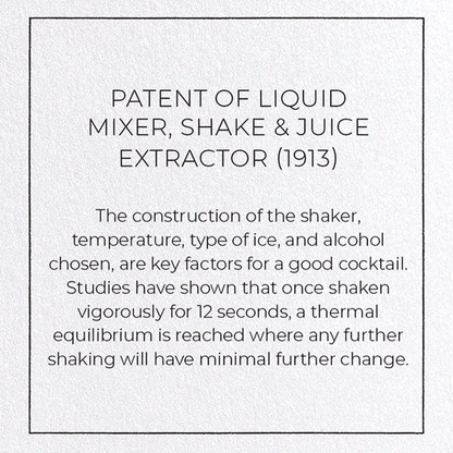 PATENT OF LIQUID MIXER, SHAKE & JUICE EXTRACTOR (1913): Patent Greeting Card