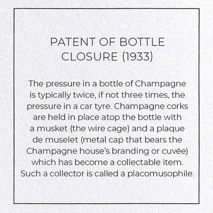 PATENT OF BOTTLE CLOSURE (1933): Patent Greeting Card