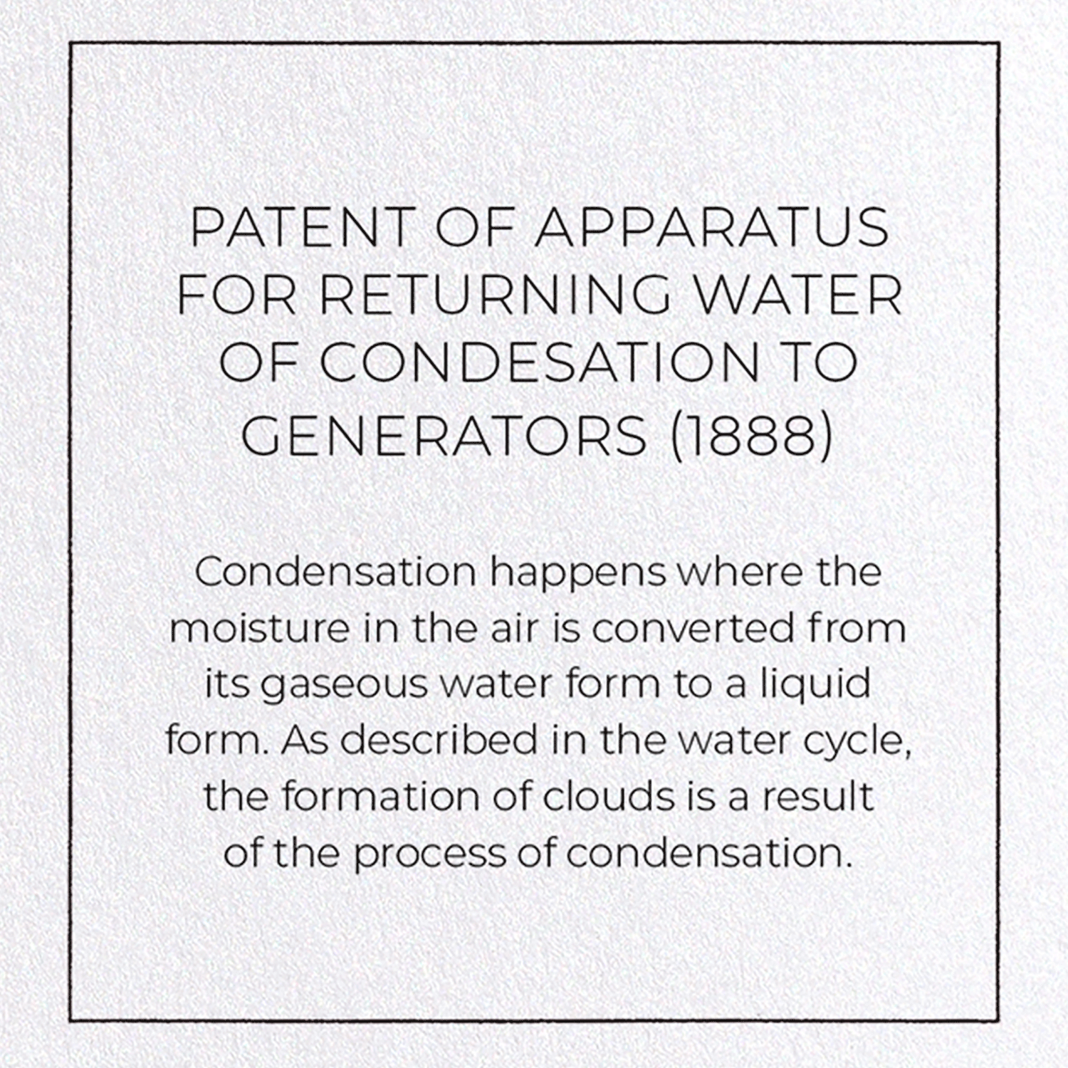 PATENT OF APPARATUS FOR RETURNING WATER OF CONDENSATION TO GENERATORS (1888): Patent Greeting Card
