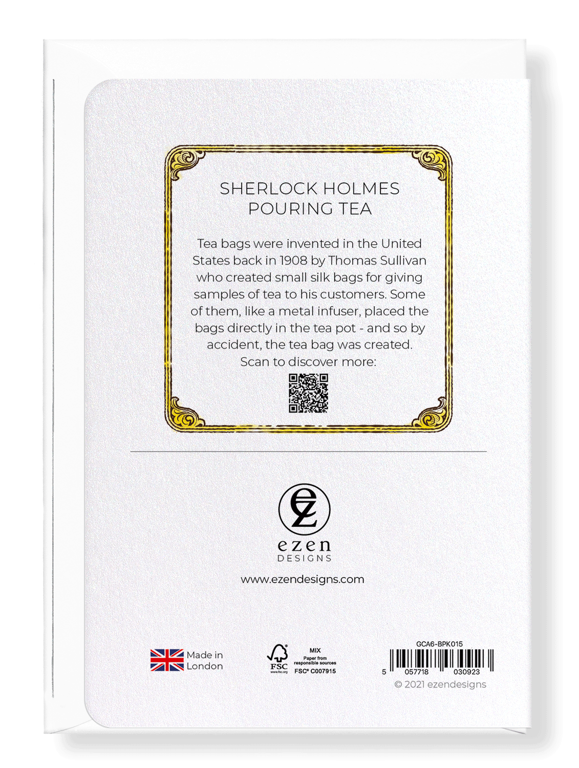 Ezen Designs - Sherlock Holmes pouring tea - Greeting Card - Back