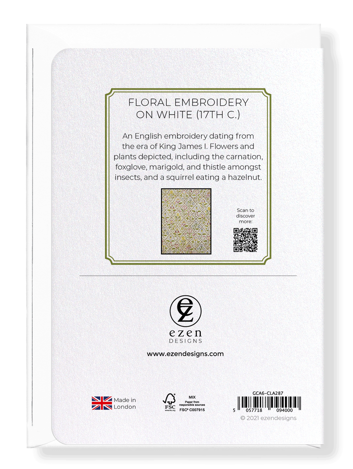 Ezen Designs - Floral Embroidery on White (17th C.) - Greeting Card - Back